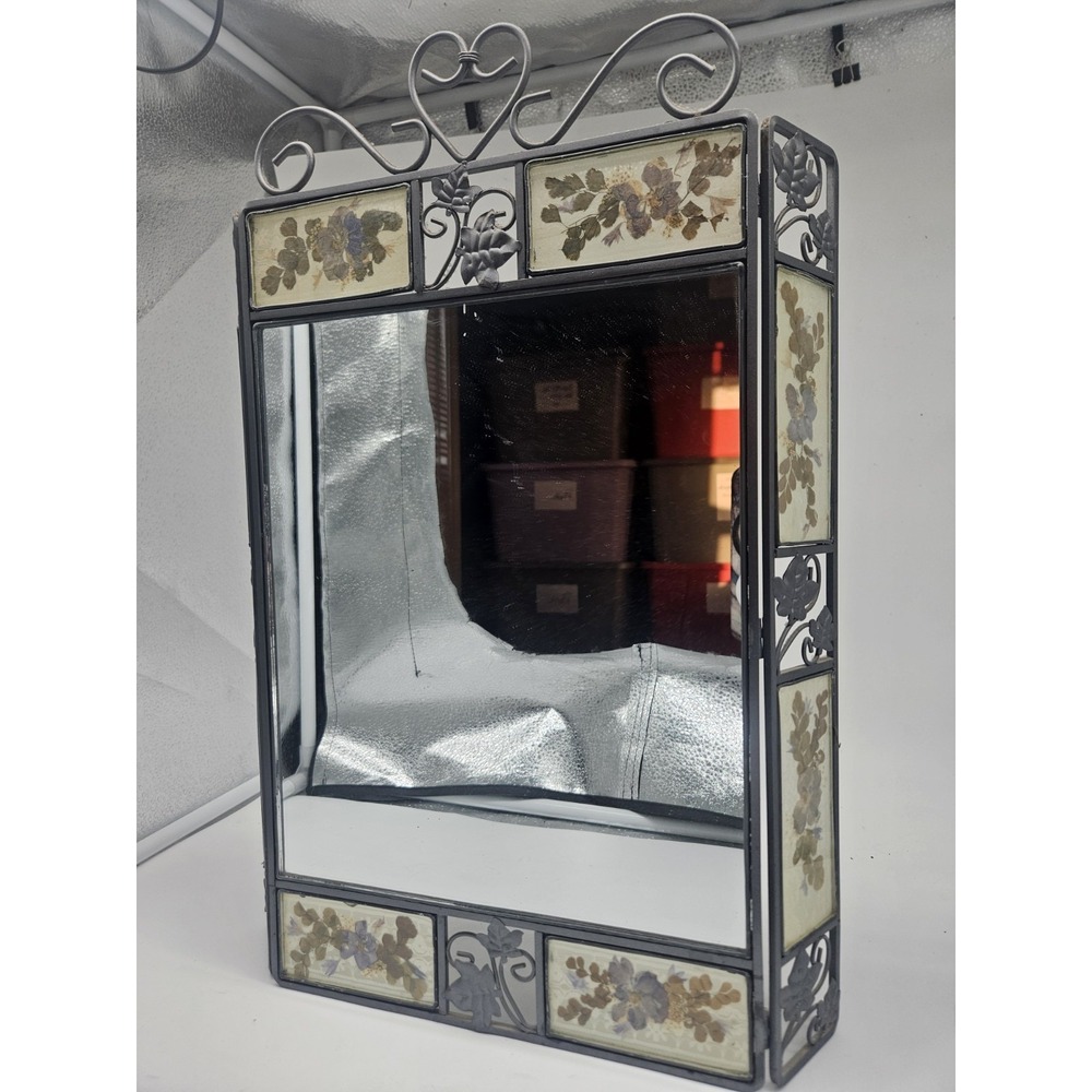 Vintage Pressed Flowers Metal  Framed Hinged Mirror Cottagecore Rustic
